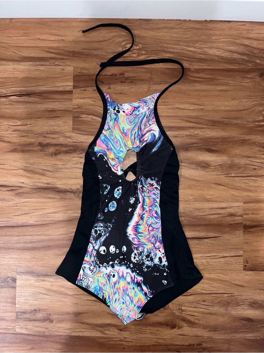 Womens Black Swirl Print Halter-Back One-Piece Swimsuit Rave Outfit